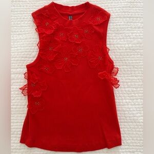 Anthropologie Red Floral Appliqué Sleeveless Top